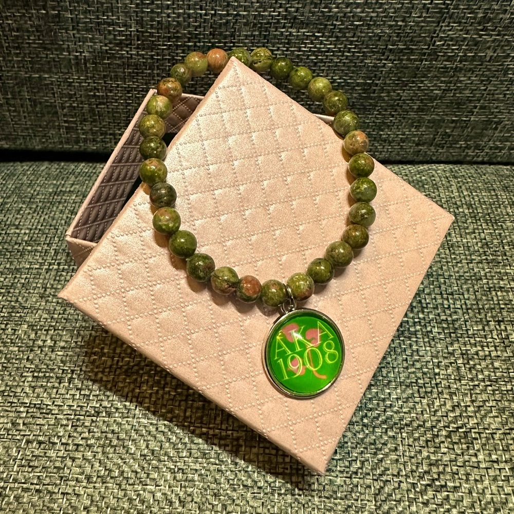 AKA 1908 Charm on Natural Unakite 6mm 7.5” Pink & Green Crystal Stretch Bracelet